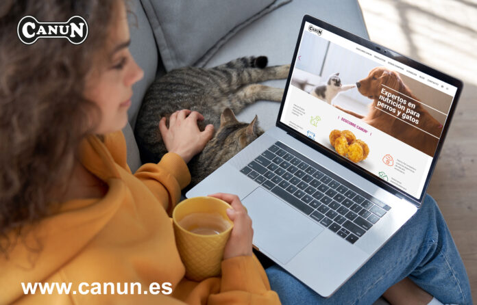 Young hispanic girl relaxing on sofa with cat looking at mockup laptop screen.